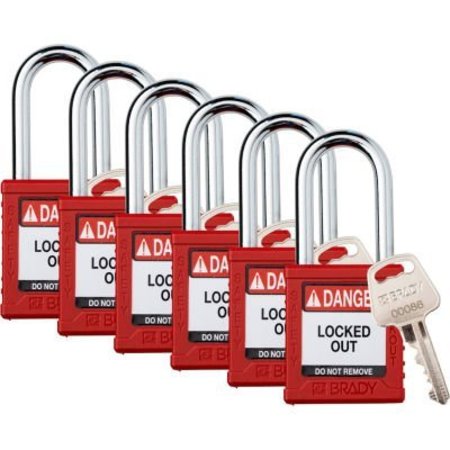 BRADY Brady Safety Lockout Padlock, Keyed Alike, 1-1/2in, Plastic/Steel, Red, 6/PK SDPL-RED-38ST-KA6